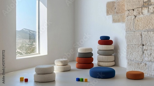 Modern interior design featuring colorful cushions and a scenic view