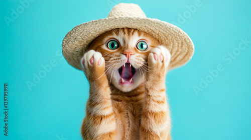 Photograph of a ginger cat with a shocked expression, mouth open and paws on its face, against a pastel blue background