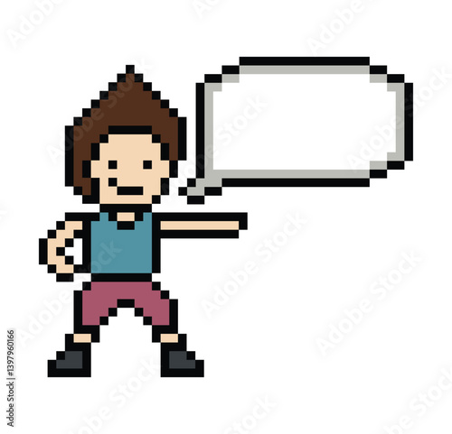 Cartoon pixel cute character man face with chat box blank decoration 8 bit male boy say speak discuss idea chat box cartoon pixel 8bit game png vector.