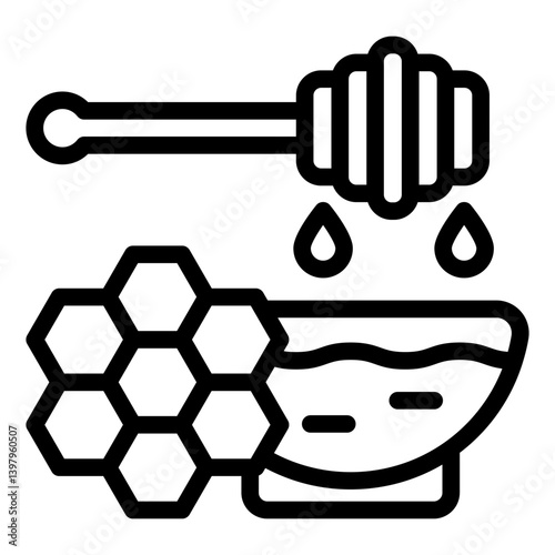 Bowl with honey and spoon line icon, natural sweets concept. Vector graphics. Sweet honey sign on white background, style mobile or design.