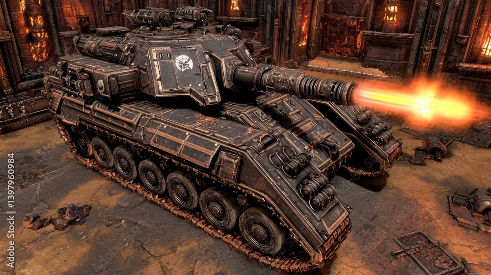A detailed tank model firing in a dramatic battle scene