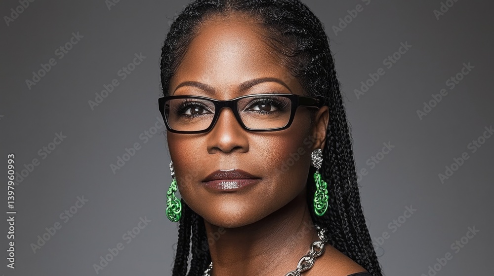 Confident woman with glasses and elegant jewelry posing for a portrait