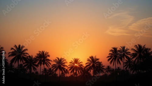 Stunning sunset over palm trees tropical beach nature photography serene environment wide angle view tranquility and beauty