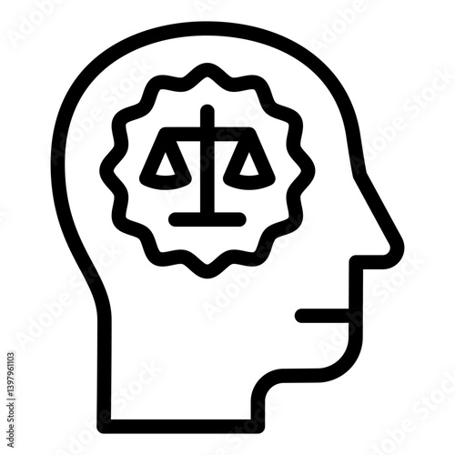 Man head with lawyer brain line icon, jurisprudence concept. Vector graphics. Human and mind with libra scales sign on white background, style mobile or design.