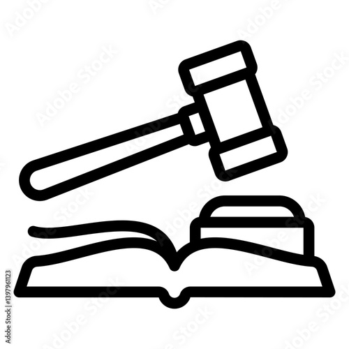 Wooden hammer with book line icon, jurisprudence concept. Vector graphics. Judge gavel sign on white background, style mobile or design.