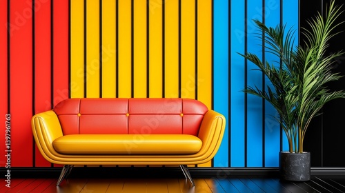Vibrant living room with a colorful striped wall and modern sofa