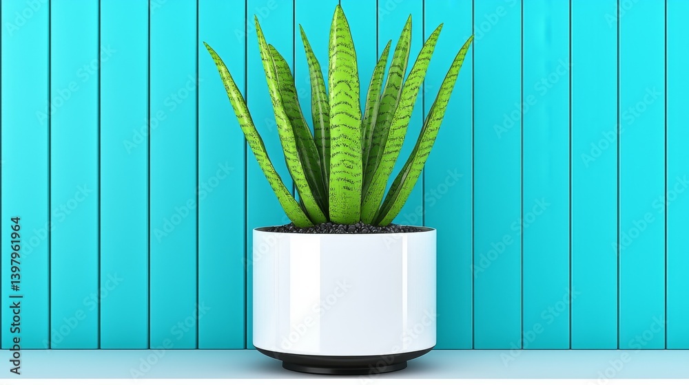 Vibrant green snake plant in a modern white pot against a turquoise wall