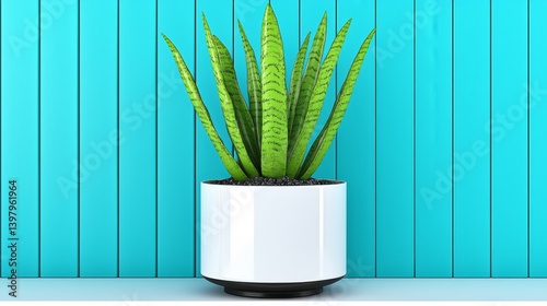 Obraz na płótnie Vibrant green snake plant in a modern white pot against a turquoise wall w salonie