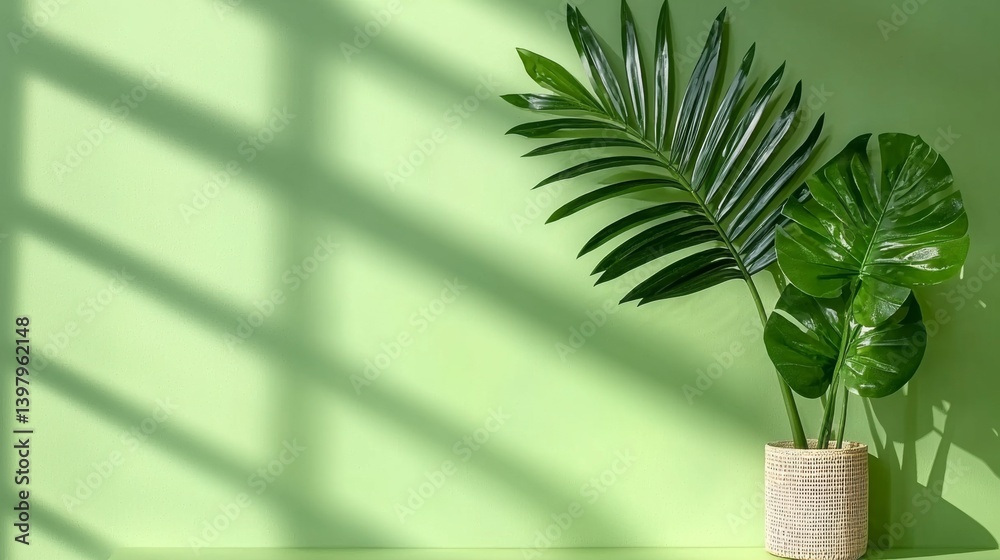 Lush green leaves in a decorative pot against a vibrant green wall
