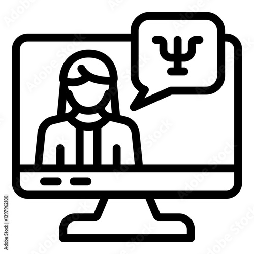 Monitor screen and psychologist woman line icon, psychology concept. Vector graphics. Display with doctor therapy, online sign on white background, style mobile or design.