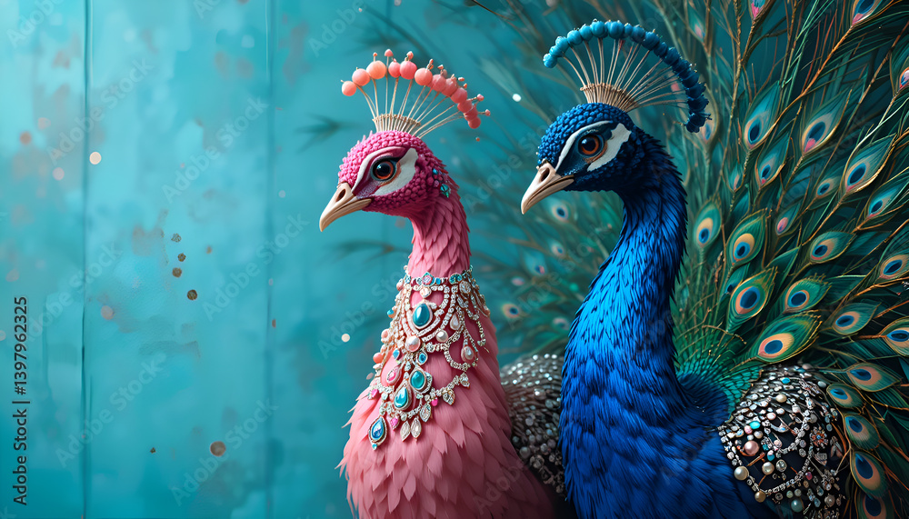 portrait of beautiful fashionable blue and pink peacocks in diamond presious necklace against turquoise background. Digital art. Ai generated