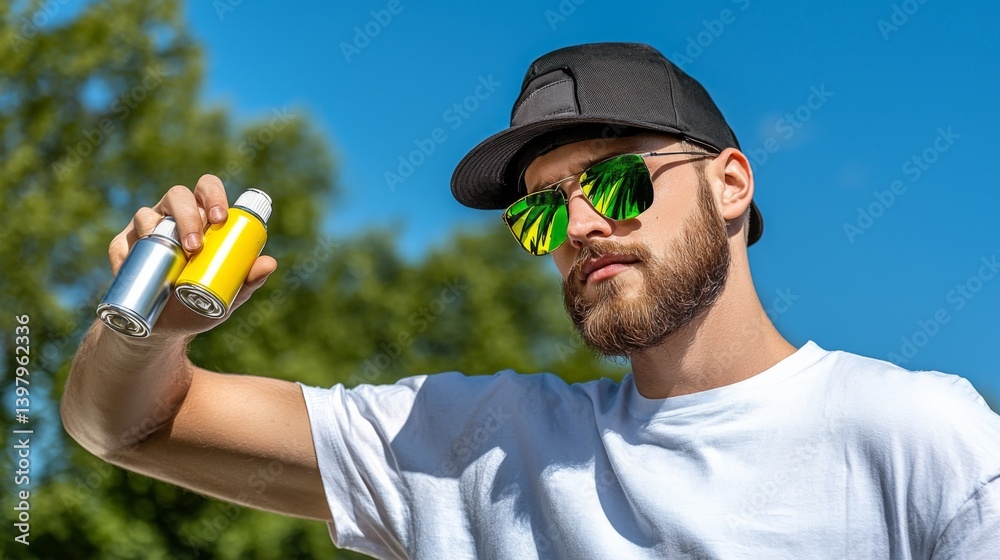 Young man holding spray cans with vibrant colors against a blue sky