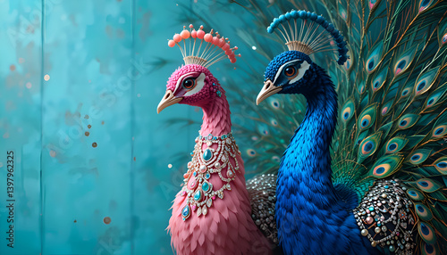 Obraz na płótnie portrait of beautiful fashionable blue and pink peacocks in diamond presious necklace against turquoise background. Digital art. Ai generated w salonie