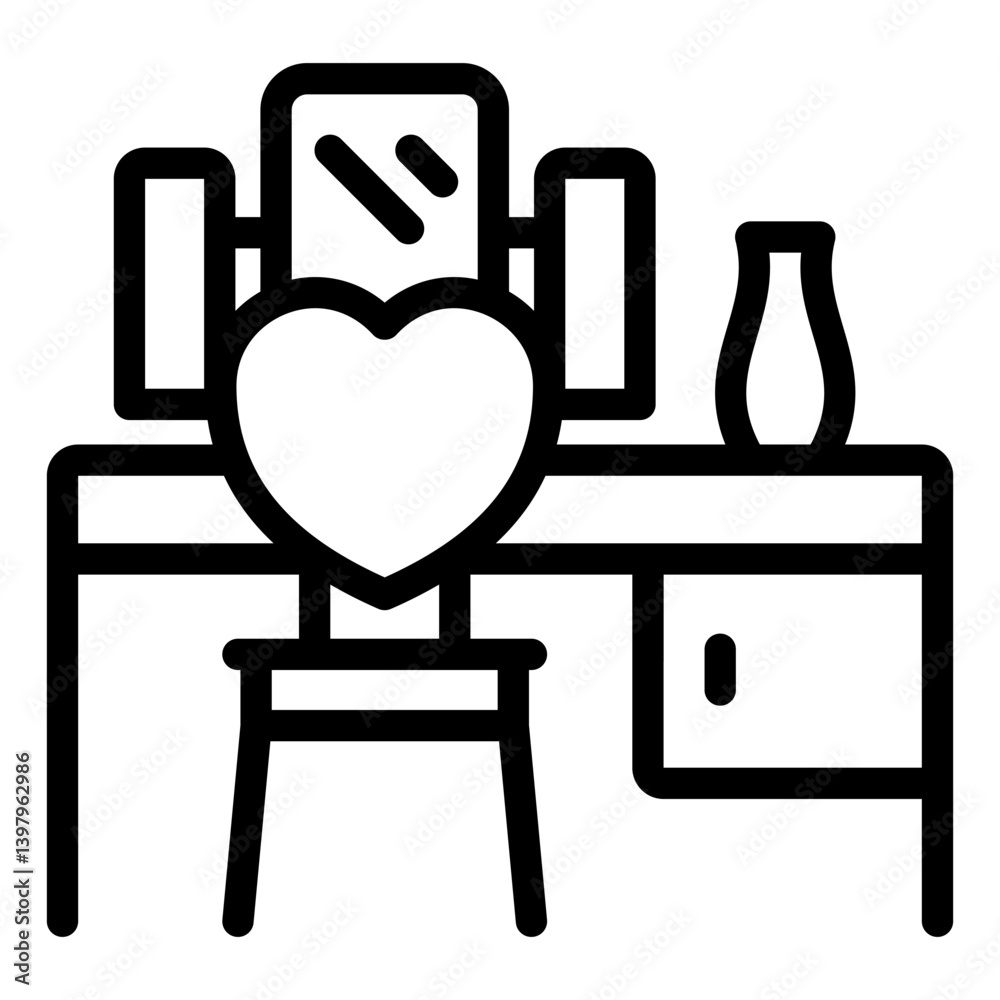 Makeup desk with chair line icon, house interior concept. Vector graphics. Dressing table with drawer and mirror, vase sign on white background, style mobile or design.