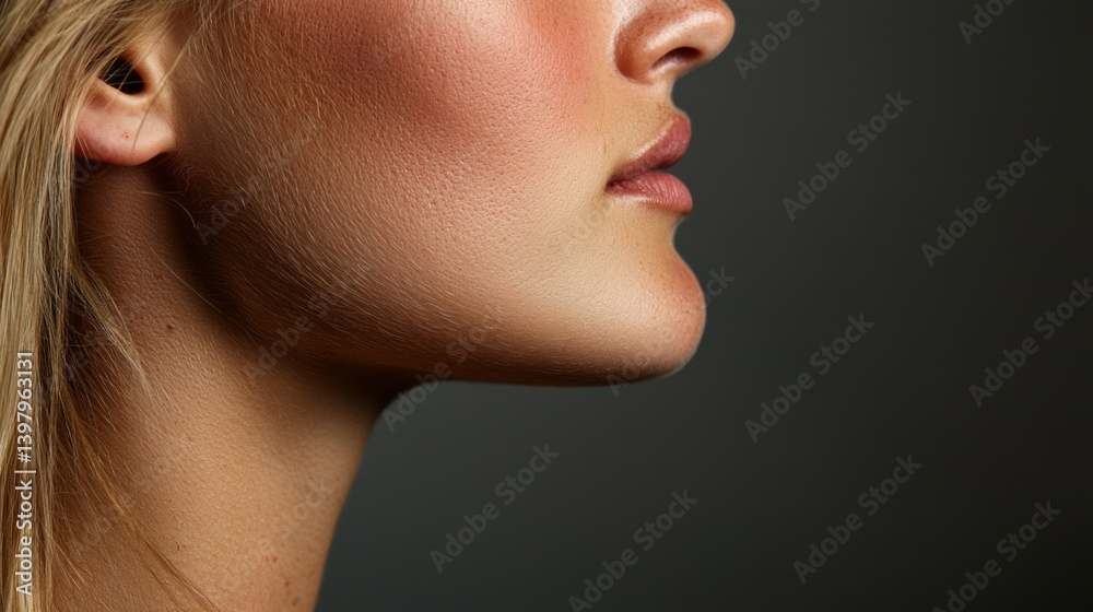 Profile view of a woman with smooth skin and natural makeup
