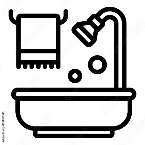 Bathtub with water and towel line icon, interior concept. Vector graphics. Ceramic bathtub with foam bubbles, bathtime sign on white background, style mobile or design.