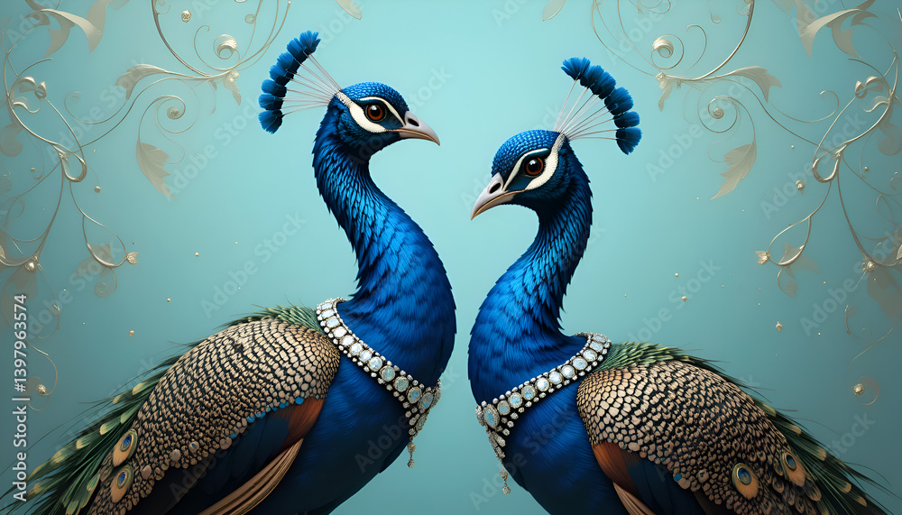 portrait of beautiful fashionable blue peacocks in diamond presious necklace against turquoise background. Digital art. Ai generated