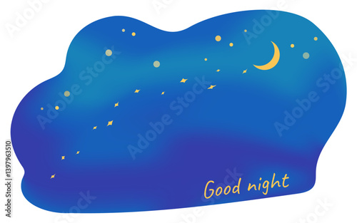 Postcard beautiful night sky and milky way with copy space. Vector blue clouds and yellow star road. Grid gradient blue, blue color. Goodnight wish design