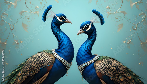 Obraz na płótnie portrait of beautiful fashionable blue peacocks in diamond presious necklace against turquoise background. Digital art. Ai generated w salonie