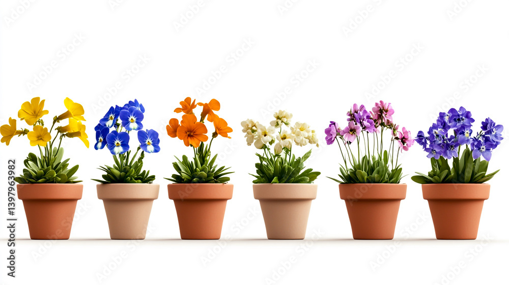 Photorealistic depiction of various potted flowers, with the text on a white background Photorealistic depiction of various potted flowers, with the text on a white background