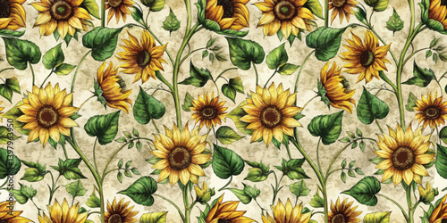 Vibrant yellow sunflowers in a detailed floral pattern design.