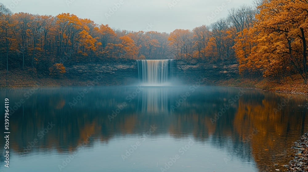 Naklejka premium Autumn Waterfall Reflection: A Serene Fall Scene