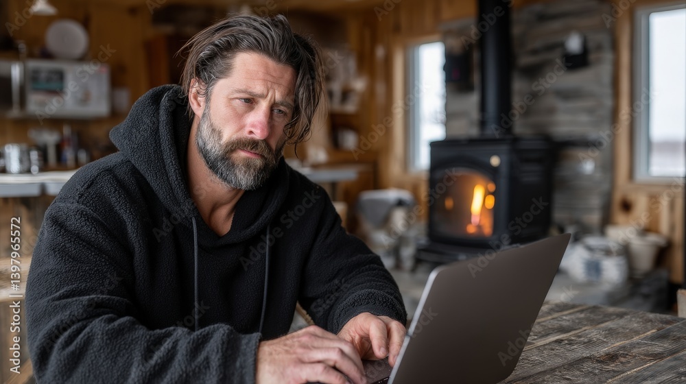 Man Working Remotely in Mountain Cabin with Warm Lighting and Cozy Atmosphere
