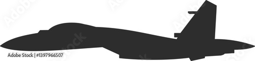 Icon model of a Su-27 fighter jet, side view silhouette in black, air force aircraft icon.