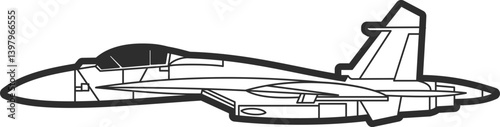  Icon model of a Su-27 fighter jet, side view, black line, air force aircraft icon.