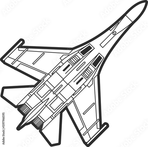Icon model of a Su-27 fighter jet, top view, black line, model of an air force aircraft.