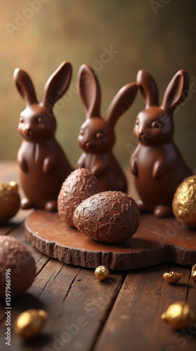 Generative AI Chocolate Easter Bunnies and Eggs Delight chocolate bunny Easter egg chocolate egg golden egg wooden table easter still life holiday food sweetness celebration indulgence joy