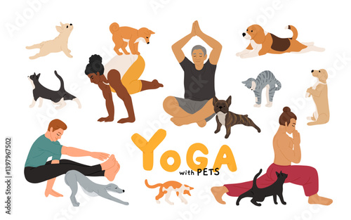 Man practicing yoga exercise with cute cat at home. Happy person doing stretching workout with pet. Young male working out with dog. Flat vector illustration isolated on white background
