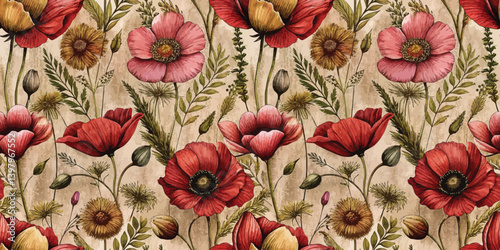 Vibrant floral pattern featuring red and pink poppies on a textured background.