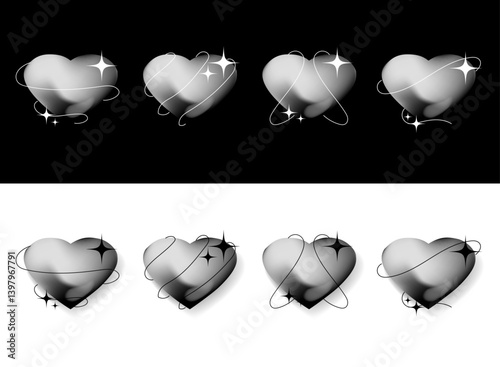 3d trendy love heart icon set with line and sparkle in metallic silver steel style
