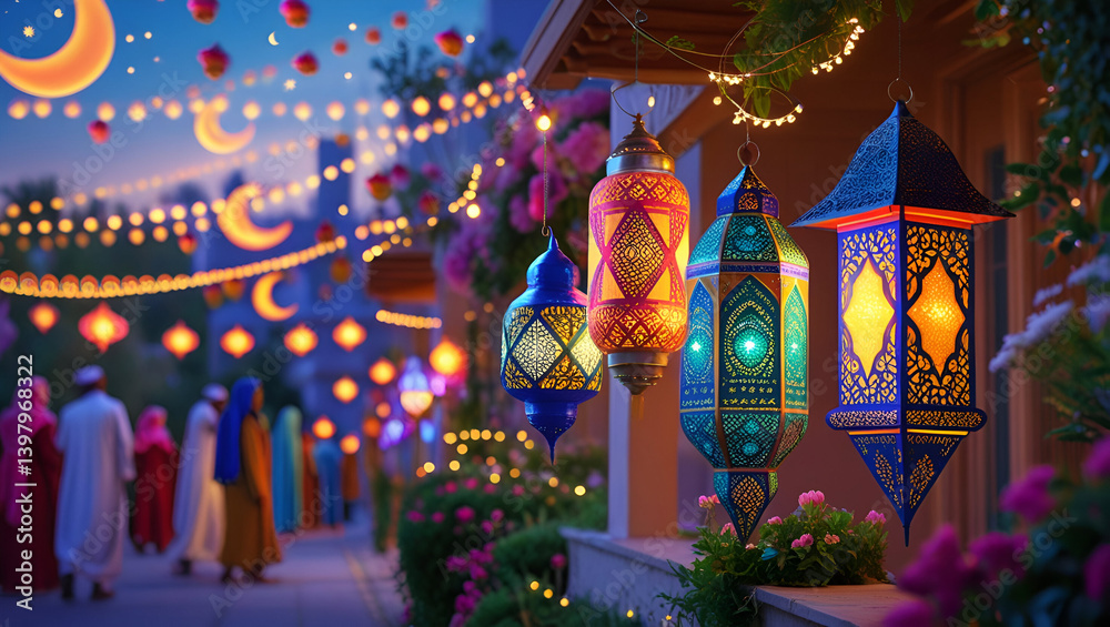 Fototapeta premium Festive Ramadan Lanterns and Crescent Lights Adorning a Vibrant Street Scene