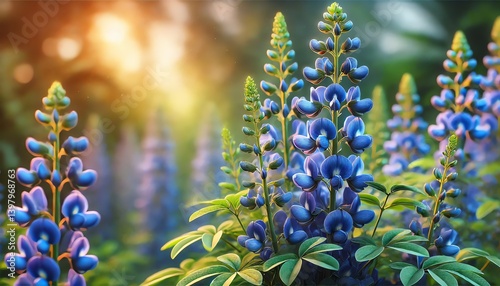 A serene close-up of a blue false indigo plant, showcasing its tall spires of delicate, pea-shaped blossoms in rich shades of blue and violet