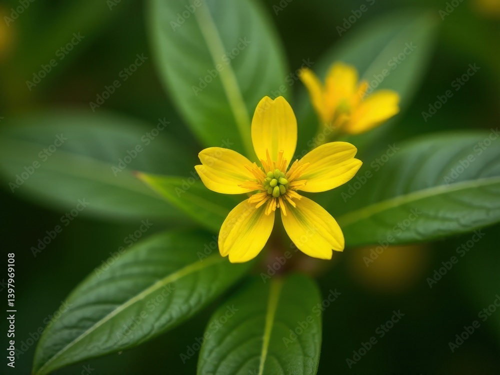 Obraz premium medicinal herbs and berries, traditional medicine Yellow flower with green leaves. The flower is in the center of the leafy green stem