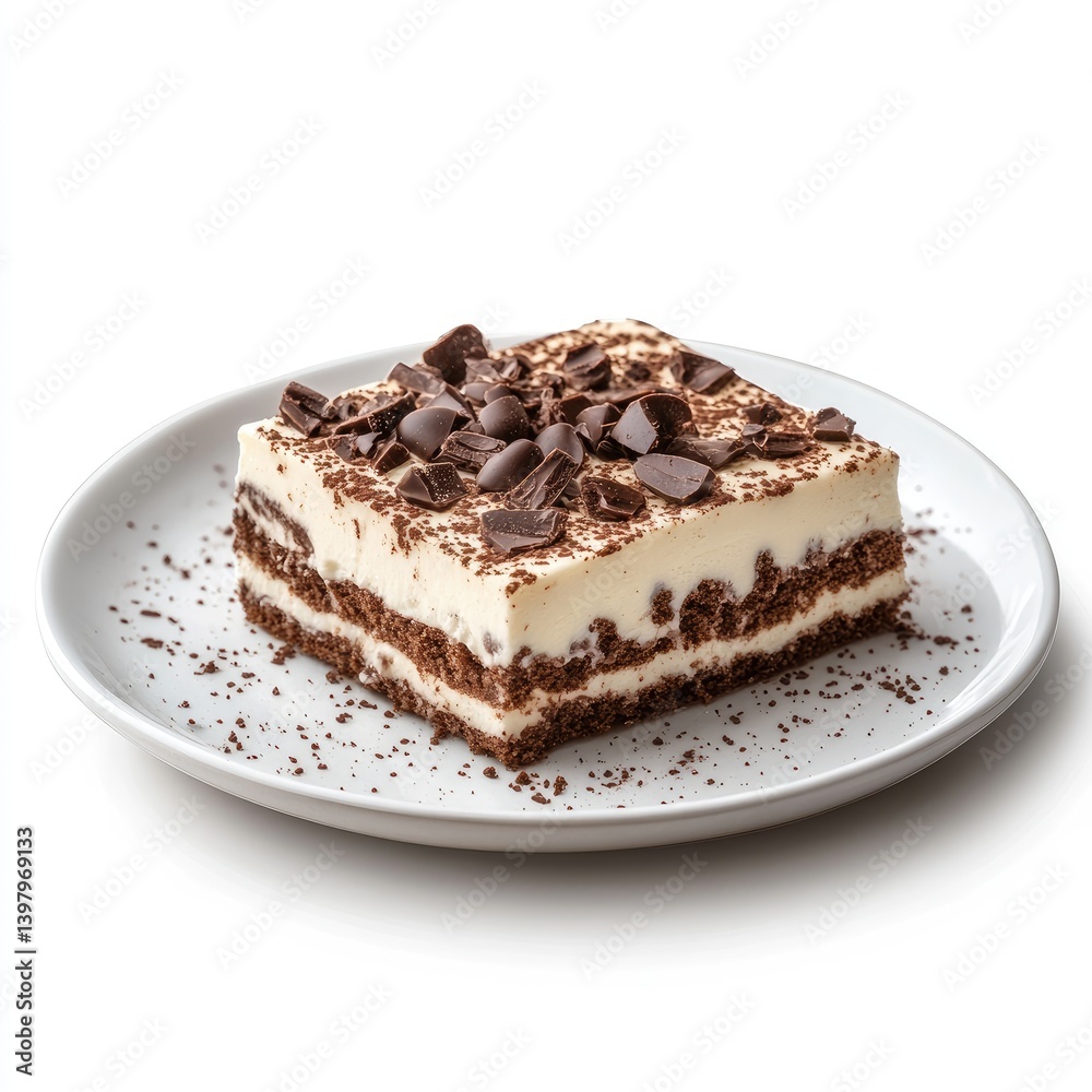 A square slice of layered dessert, topped with chocolate chips. Creamy, light-colored layers with dark brown layers between A square slice of layered dessert, topped with chocolate chips. Creamy, light-colored layers with dark brown layers between