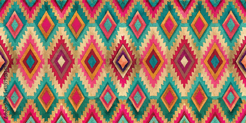 Colorful geometric pattern in vibrant shades of pink, green, and gold.