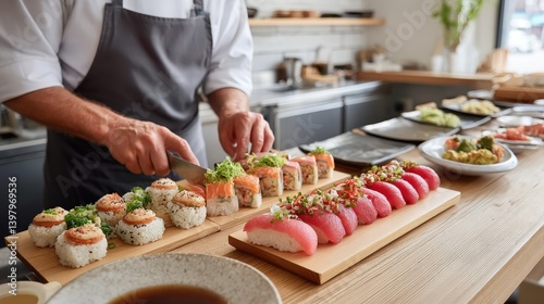 Chef Expertly Slicing Fresh Sushi Rolls in a Minimalist Japanese Restaurant Setting