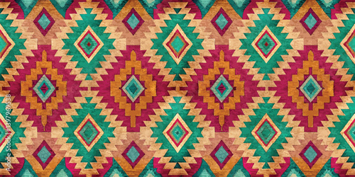 Colorful geometric textile pattern featuring vibrant red, green, and yellow diamonds.
