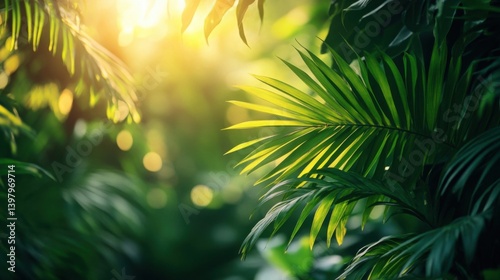 Sunlit Tropical Palm Leaves Lush Green Foliage Bokeh Background