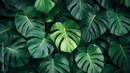 Lush Dark Green Tropical Leaves Background Texture
