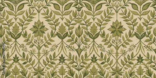 Intricate green botanical pattern on textured beige background.