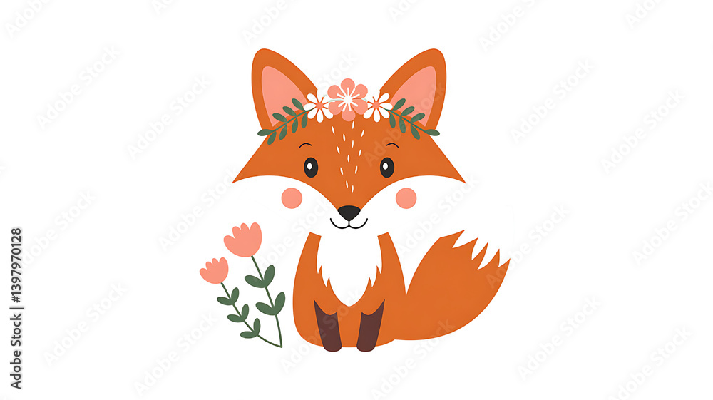 Fototapeta premium Adorable cartoon fox wearing a flower crown, sitting amidst blooming flowers.