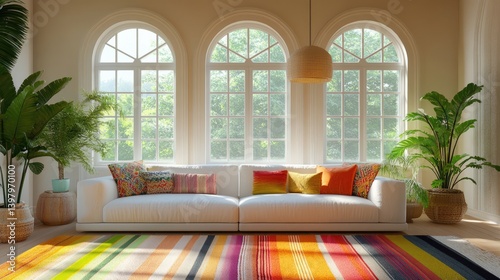 Bright and airy living room with large arched windows