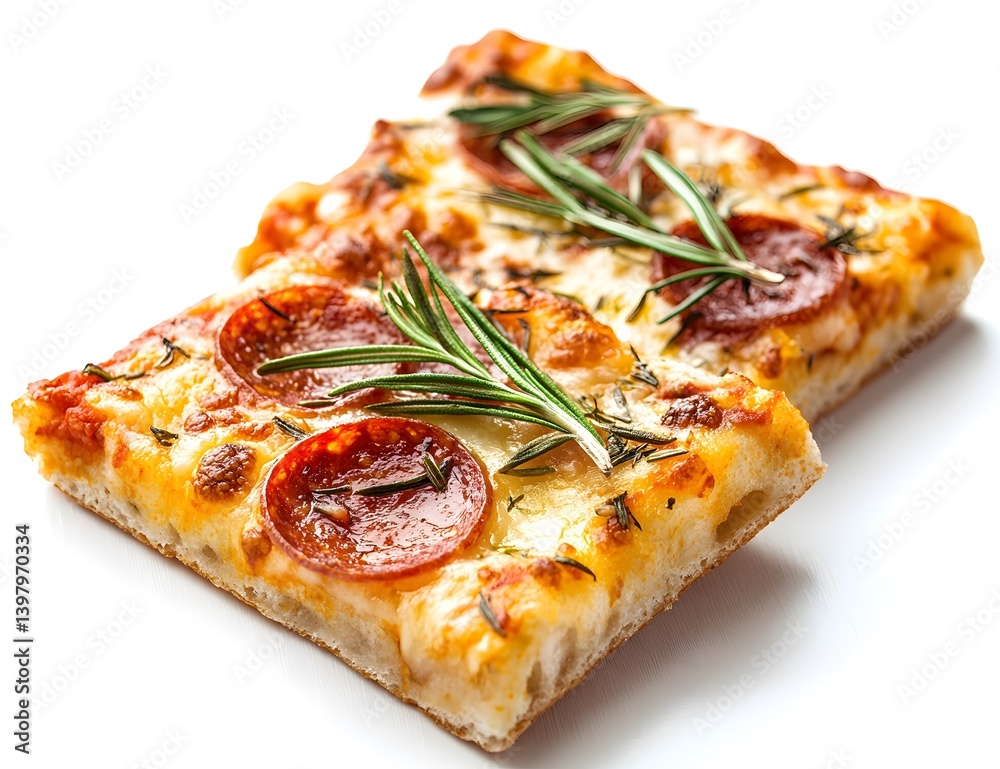 Two slices of pepperoni pizza with rosemary on a white background.
