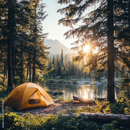 Sunrise over Mountain Lake Yellow Tent in a Peaceful Forest Setting