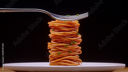 A fork lifting a stack of spaghetti on a white plate against a dark background