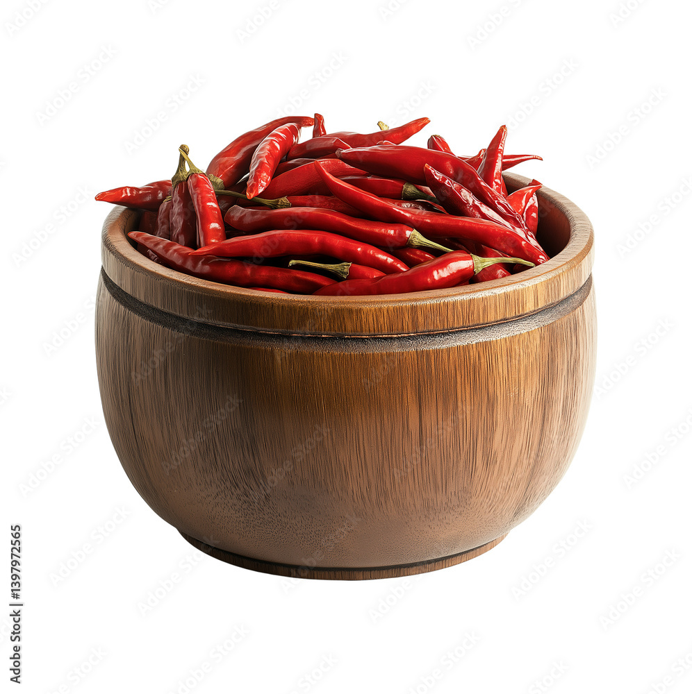 A rustic wooden bowl of red chili peppers on transparent PNG or white background. A rustic wooden bowl of red chili peppers on transparent PNG or white background.